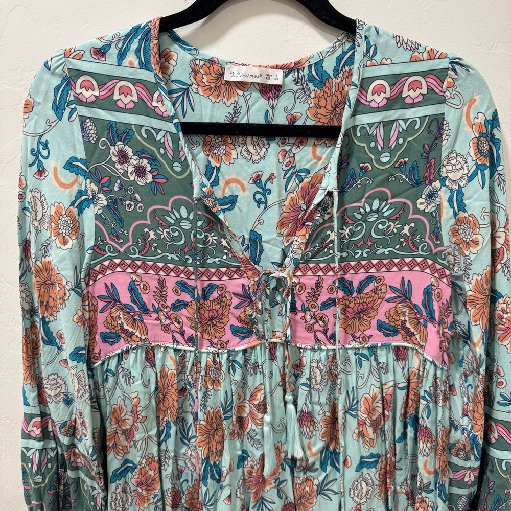 Floral Green & Pink Dress Boho Flowy Beach Tassel Lightweight Women's Small 4/6 - Picture 7 of 16